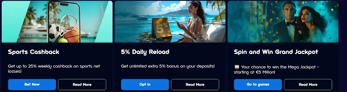 Promotional banners for sports cashback, a 5% daily reload bonus, and a spin-and-win grand jackpot, each featuring blue call-to-action buttons on a dark blue casino interface.