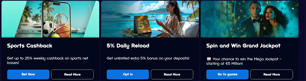 Promotional banners for sports cashback, a 5% daily reload bonus, and a spin-and-win grand jackpot, each featuring blue call-to-action buttons on a dark blue casino interface.