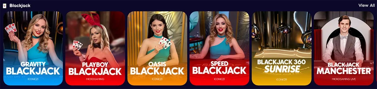 Blackjack games section featuring Gravity Blackjack, Playboy Blackjack, Oasis Blackjack, Speed Blackjack, Blackjack 360 Sunrise, and Blackjack Manchester, with a “View All” link on a dark casino interface.