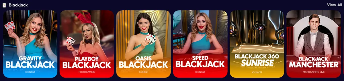 Blackjack games section featuring Gravity Blackjack, Playboy Blackjack, Oasis Blackjack, Speed Blackjack, Blackjack 360 Sunrise, and Blackjack Manchester, with a “View All” link on a dark casino interface.