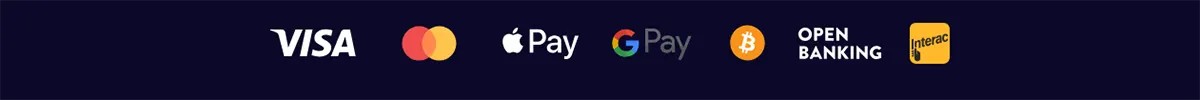 Payment methods row showing Visa, Mastercard, Apple Pay, Google Pay, Bitcoin, Open Banking, and Interac on a dark blue background.