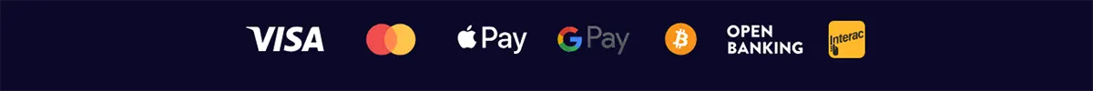 Payment methods row showing Visa, Mastercard, Apple Pay, Google Pay, Bitcoin, Open Banking, and Interac on a dark blue background.