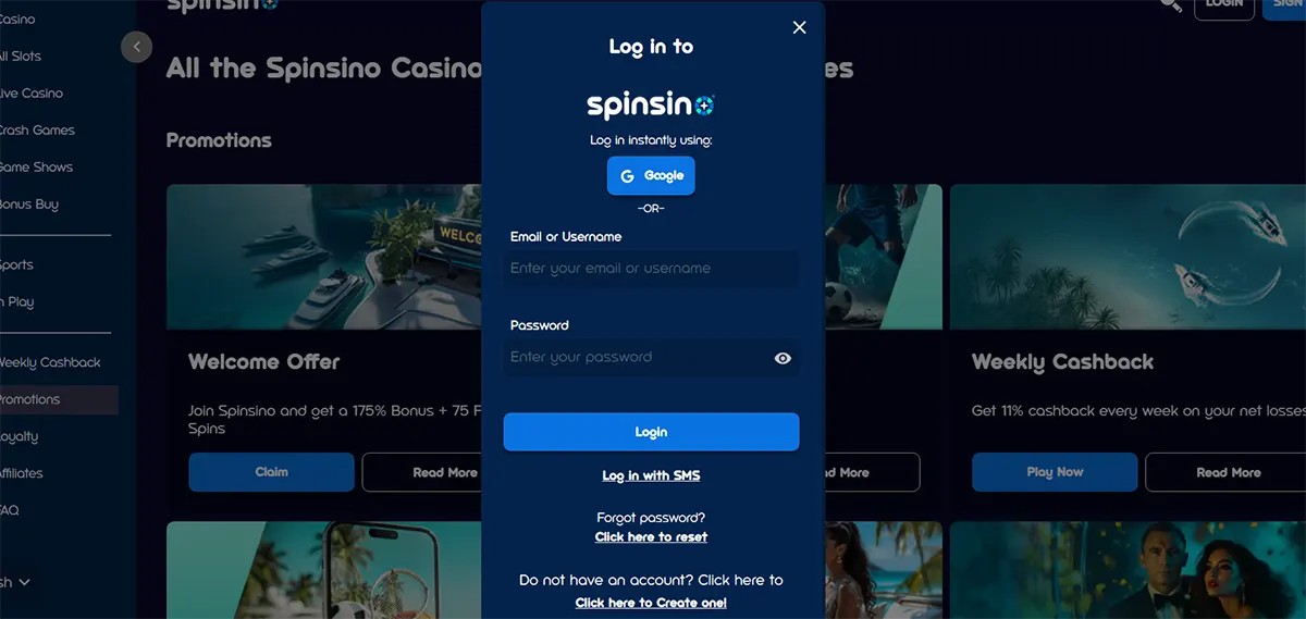Spinsino login popup with Google sign-in, email or username and password fields, a blue login button, SMS login option, password reset link, and account creation prompt on a dark blue casino interface.