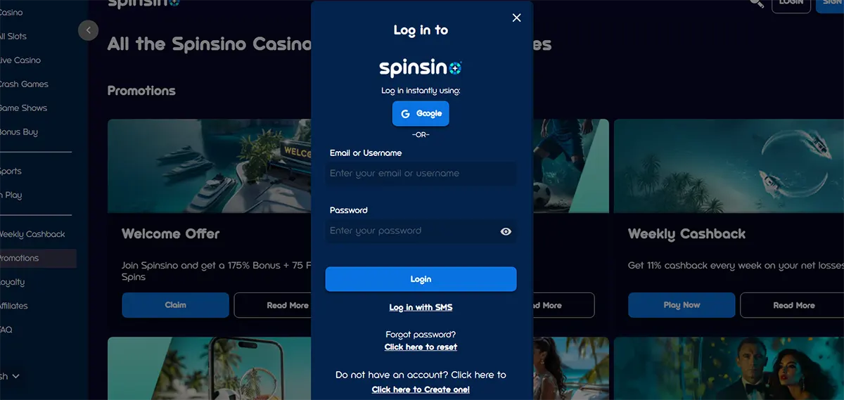 Spinsino login popup with Google sign-in, email or username and password fields, a blue login button, SMS login option, password reset link, and account creation prompt on a dark blue casino interface.